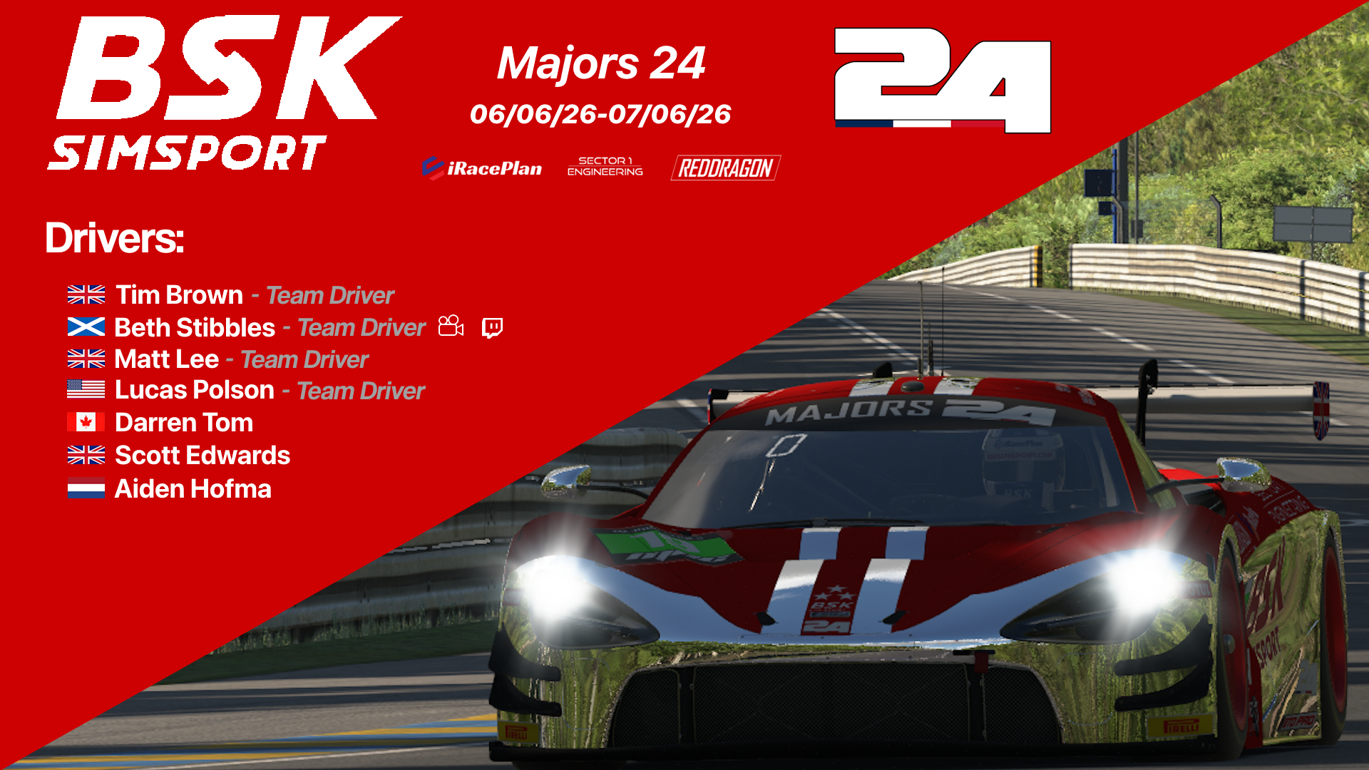 BSK Majors 24 race graphic showing partner branding within the broadcast presentation