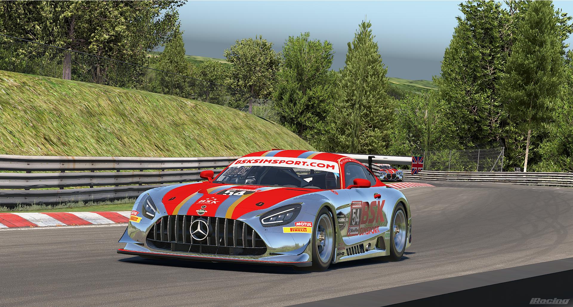 BSK Mercedes race car showing a custom team livery with gold detailing